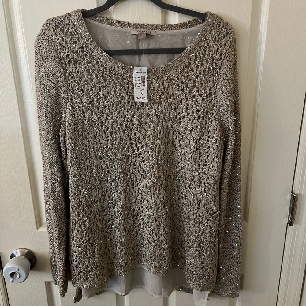 Dressbarn Tan and Silver Crew Neck Sweaters